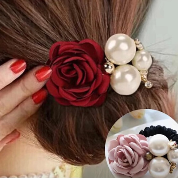 None Accessories - Fancy Silk Hair Scrunchie Bow with Large Flower, Pearl and Sparkle Accessories